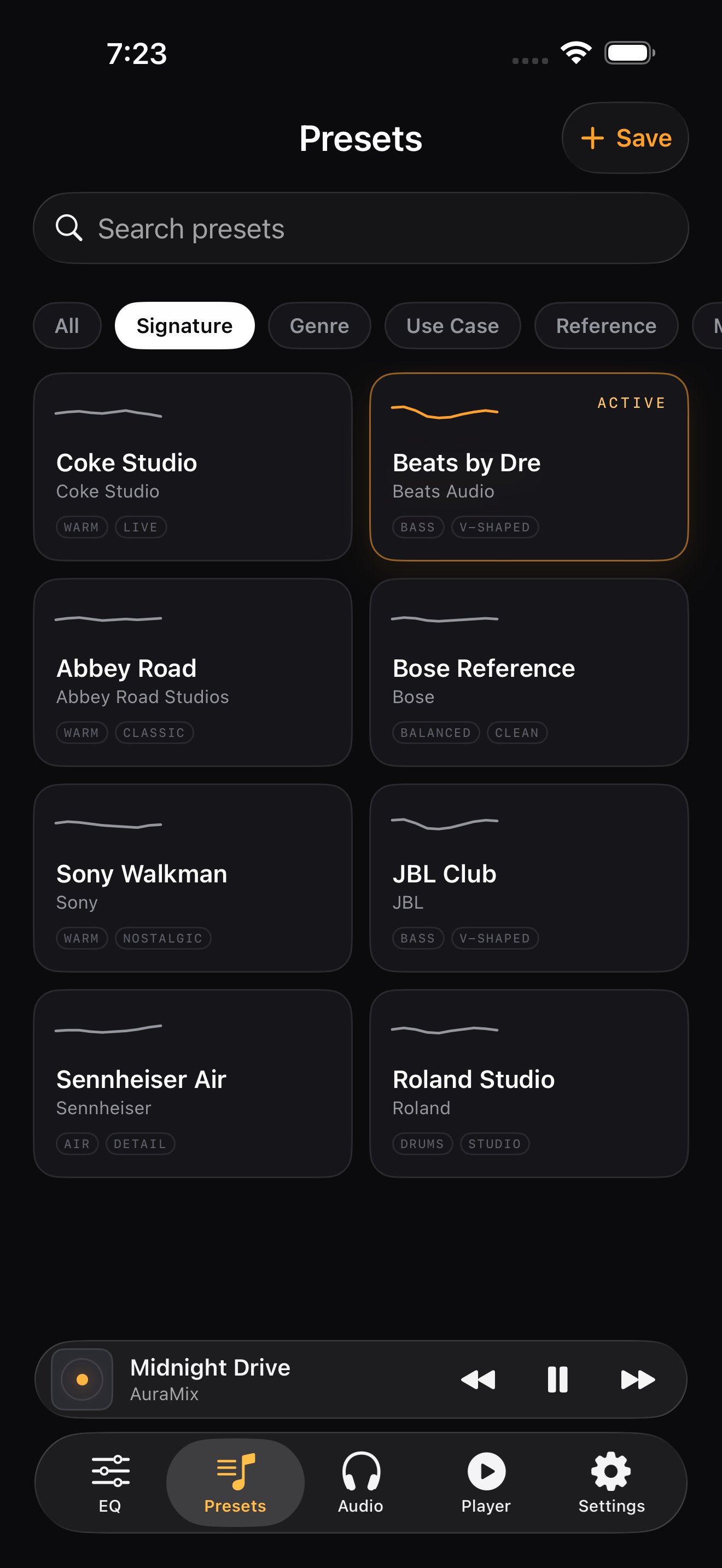 The AuraMix Signature preset library with Beats by Dre active and the mini player running — Coke Studio, Abbey Road, Bose Reference, Sony Walkman, JBL Club and more